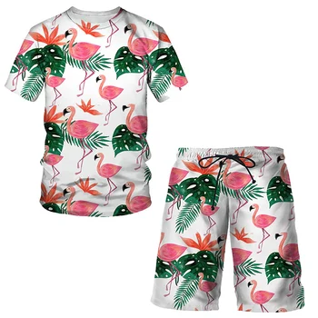 חוף הוואי סגנון הגברים חליפת פלמינגו אננס פירות להדפיס חולצה + מכנסיים אופנה ספורט להגדיר אימוניות.