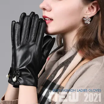 חורף נשים עור PU כפפות Touchascreen נשים מלא אצבעות כפפות תחרה שחורה אבזם כפול כפפות להתחמם כפפות רכיבה על אופניים
