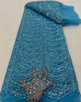 כחול-שמייםcolor 2023 אופנה אלגנטית צרפתית רקמה משובץ חרוזים תחרה בד אפריקה ניגריה עם נצנצים בד החתונה