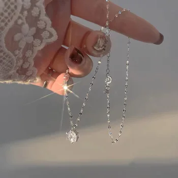כסף סטרלינג 925 עגולים קריסטל שרשרת בסגנון פשוט צורה גיאומטרית תליון עצם הבריח שרשרת מתנת יום הולדת נשים, תכשיטים