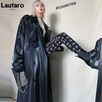 לאוטרו סתיו ארוך מנופחים רעיוני מבריק עמיד למים מעור מעיל לנשים החגורה רופף אופנה קוריאנית