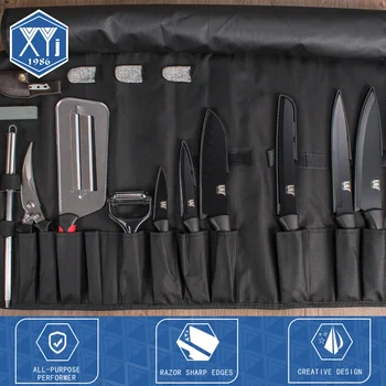 מטבח ערכת סכין כלים להגדיר 6Pcs שחורה וחדה סכינים, אביזרים למטבח, מספריים רול תיק מקלף חידוד מקל מתנה ערכת