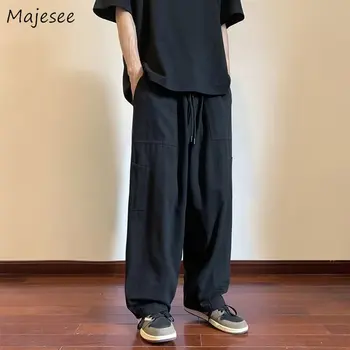 מכנסיים גברים יפנים כיסים ישר אופנה האביב כל-התאמה תוספות חופשי מזדמן אופנת רחוב שרוך המכנסיים באגי קלאסית פשוטה.