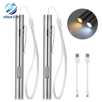 נטענת LED פנס עט האור מיני הלפיד לבן קר + חם אור לבן עם כבל טעינת USB המשמש לקמפינג, רופאים