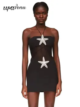 נשים טהור משובץ תחבושת שמלה תלוי בצוואר תחרה ללא שרוולים Bodycon 3D 3D עיצוב שמלת מיני קוקטייל ערב מסיבת Vestido