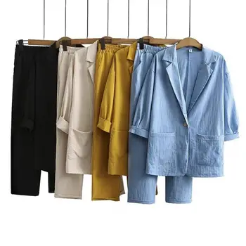 נשים מזדמנים מכנסיים תלבושת מסוגננת נשים מעיל רחב הרגל המכנסיים להגדיר שיק דש עיצוב 3/4 שרוולים יחיד כפתור סגירה אלסטית