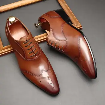 סגנון חדש של גברים להתלבש נעלי עור אמיתי מחודד בוהן אוקספורד תחרה משרד עסקים החתונה שחור רשמי נעליים לגברים
