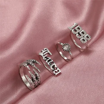 פאנק הגותי הוק הצבת הטבעת להגדיר עבור נשים וינטאג ' בצבע כסף מצופה רטרו 1998 מספרים ריינסטון קסם טבעות תכשיטי אצבע