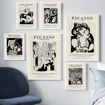 פיקאסו תערוכת כרזות קיר אמן אמנות הדפס שחור לבן מופשט בציר בד הציור בגלריה סלון עיצוב תמונות