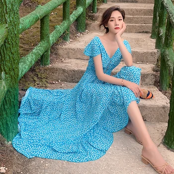 פרחוני הדפסה כחול נשים ללא משענת שמלת מקסי קיץ ארוך בוהמי קוריאנית המסלול 2022 שמלת מסיבת חוף טרופי חופשה שמלת קיץ