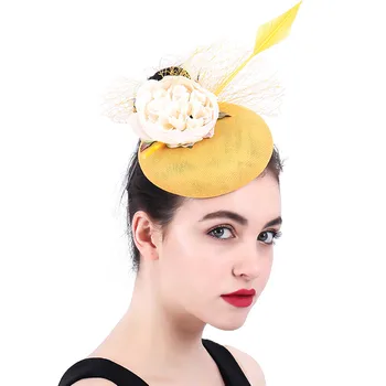צהוב עם שנהב Fascinators כובעים לחתונה נשים רעלות ראש אלגנטי בנות המין הכנסייה הכובעים עם רעלות הכובע כובע