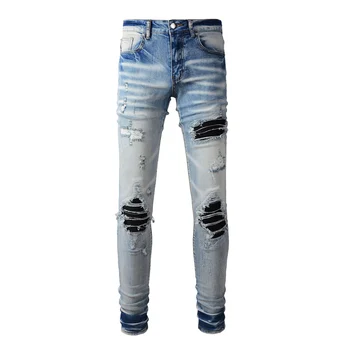 רחוב אופנה גברים ג 'ינס רטרו כחול בהיר למתוח רזה מתאים קרע ג' ינס גברים עור תוקנו מעצב היפ הופ מותג המכנסיים