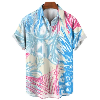 של הגברים חולצה קיץ הוואי פולו, צווארון עץ קוקוס הדפסה אופנה פנאי נופש חוף שרוול קצר יחיד עם חזה למעלה מ-5XL