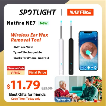 NATFIRE NE7 אלחוטית Ear Cleaner 1296P שעווה חיסול כף USB-C טעינה זוהר Otoscope האוזן שעווה להסרת עבור iPhone, דמוי אדם