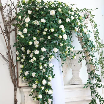 סגול, לבן משי מלאכותי רוז גרלנד פרחים באיכות גבוהה לתלות צמח הגפן מסיבת חתונה בבית בגדר קישוט שולחן לארגן